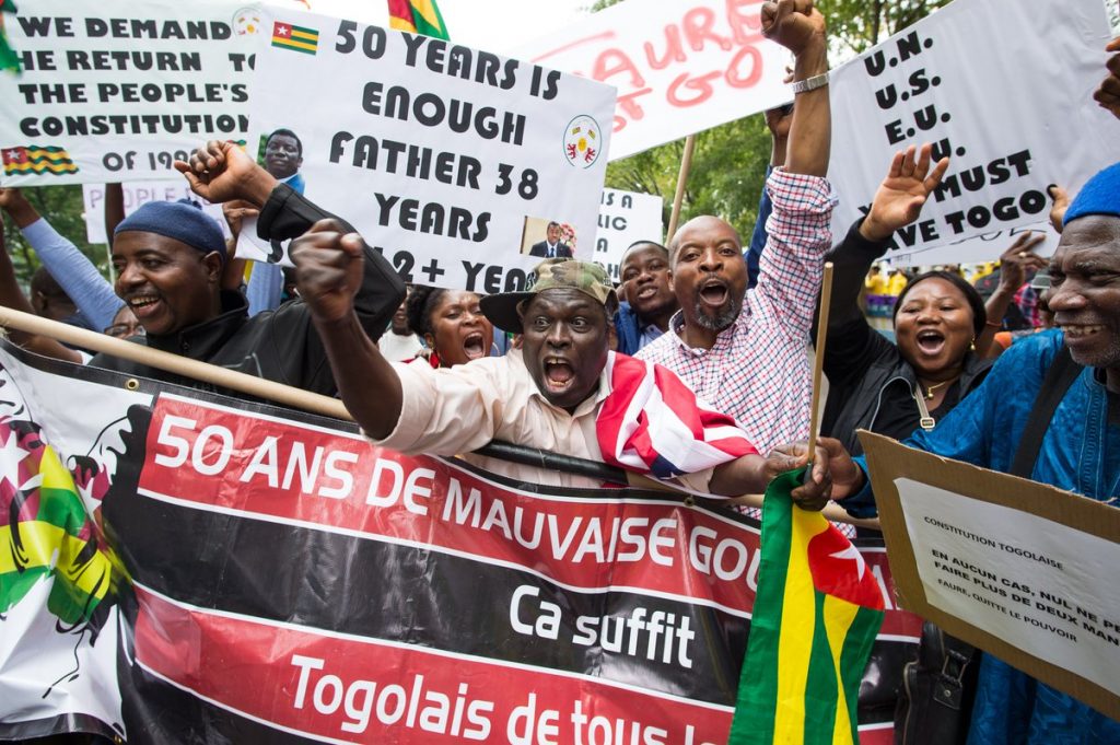 Abdou Razak (C) of Togo demonstrates with others against President Faure Gnassingbé